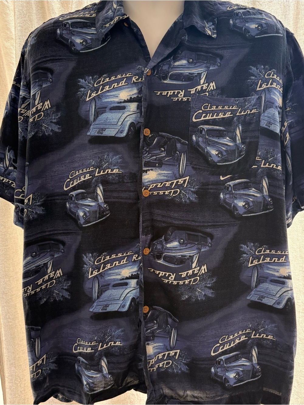 George Men's L (42-44) Rayon Hawaiian Shirt Vintage Classic Cars Blue
